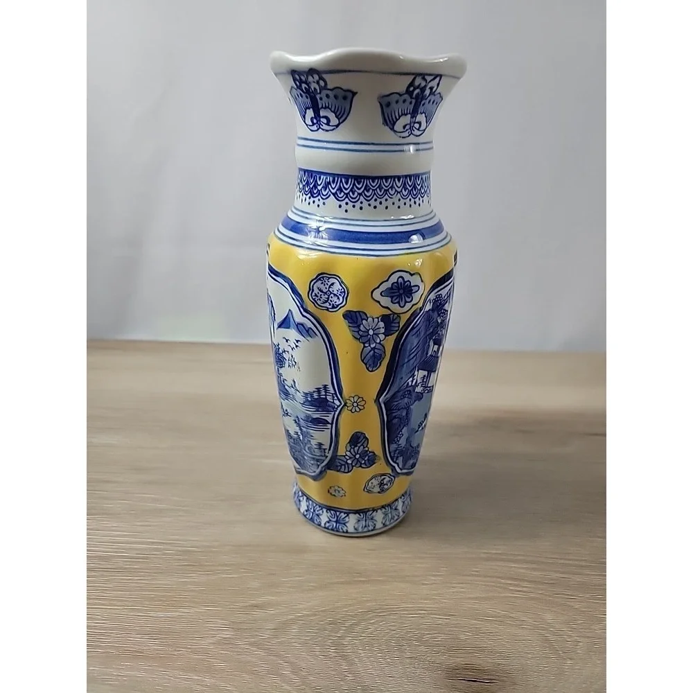 Vtg Chinese Chinoiserie Blue Yellow Asian Vase pagoda mountain tree design